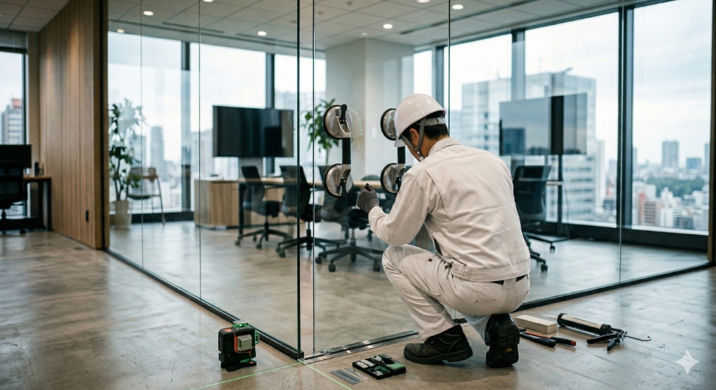 枠のない場所へのガラス特殊施工